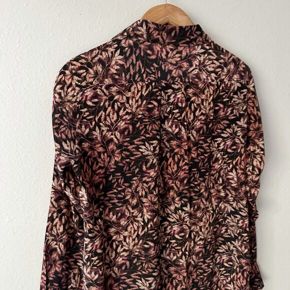 Peruvian Connection 100% Silk Leaf Print Long Sleeve Collared Tunic Size Large - Picture 8 of 13